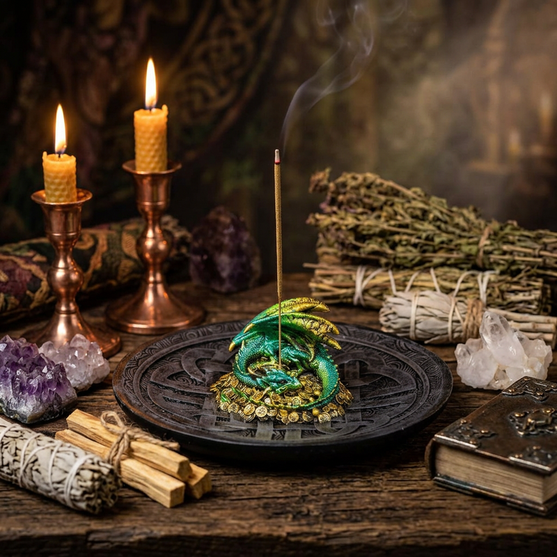 A decorative incense holder shaped like a coiled green and gold dragon resting on a black plate, with a single incense stick burning upward. The scene is styled with lit candles in brass holders, crystal clusters, dried herbs, a white sage bundle, and an antique-style book on a rustic wooden surface.