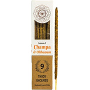 Incense stick with packaging labeled 'Champa & Olibanum' on a white background