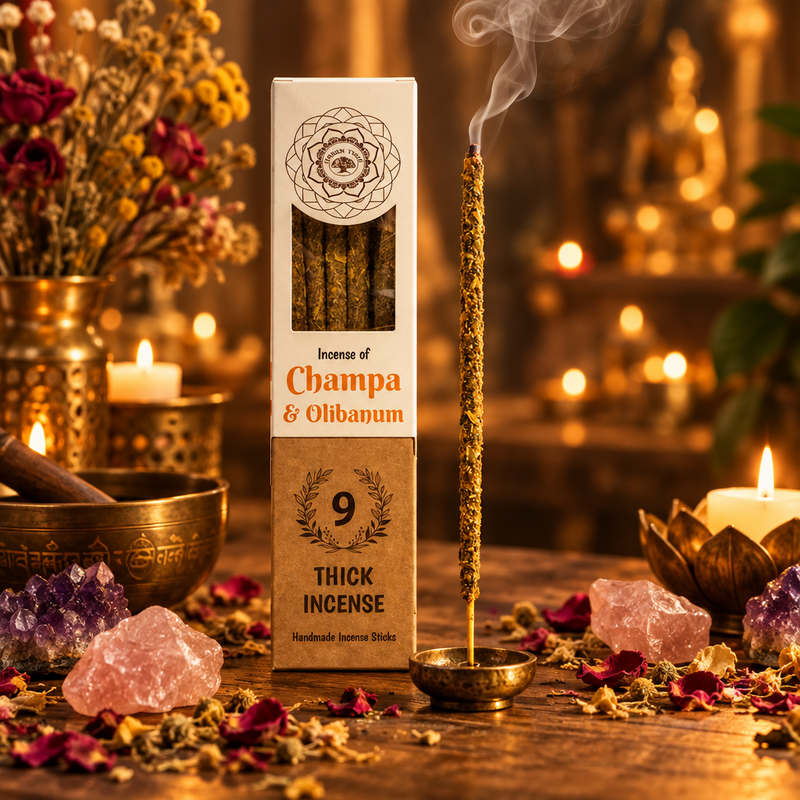 A box of Champa & Olibanum thick incense stands on a wooden surface beside a lit incense stick in a brass holder, with candles, flowers, crystals, and warm bokeh lights in the background.