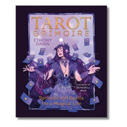 Book cover of 'Tarot Grimoire' with an illustration of a woman in a purple outfit surrounded by tarot cards.