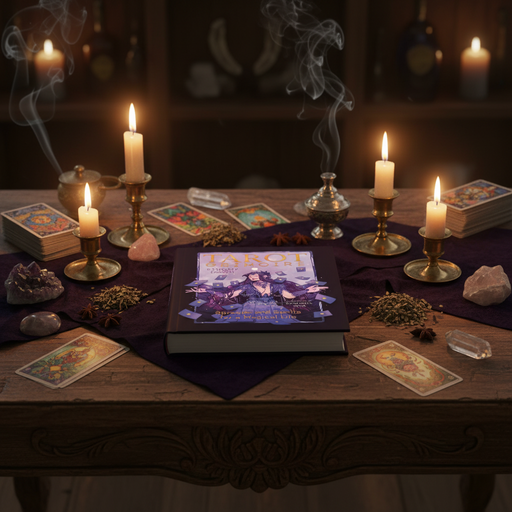 Tarot cards, candles, and crystals on a dark wooden table with a mystical atmosphere.