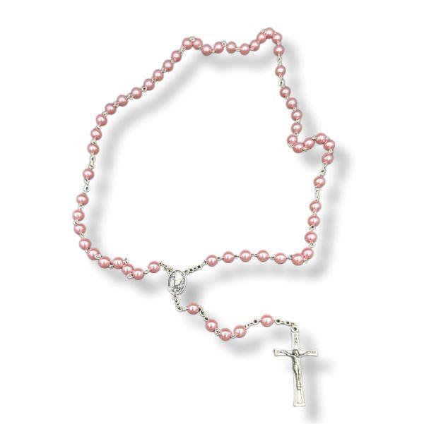 6mm Pink Pearl Rosary Fatima Center Hang