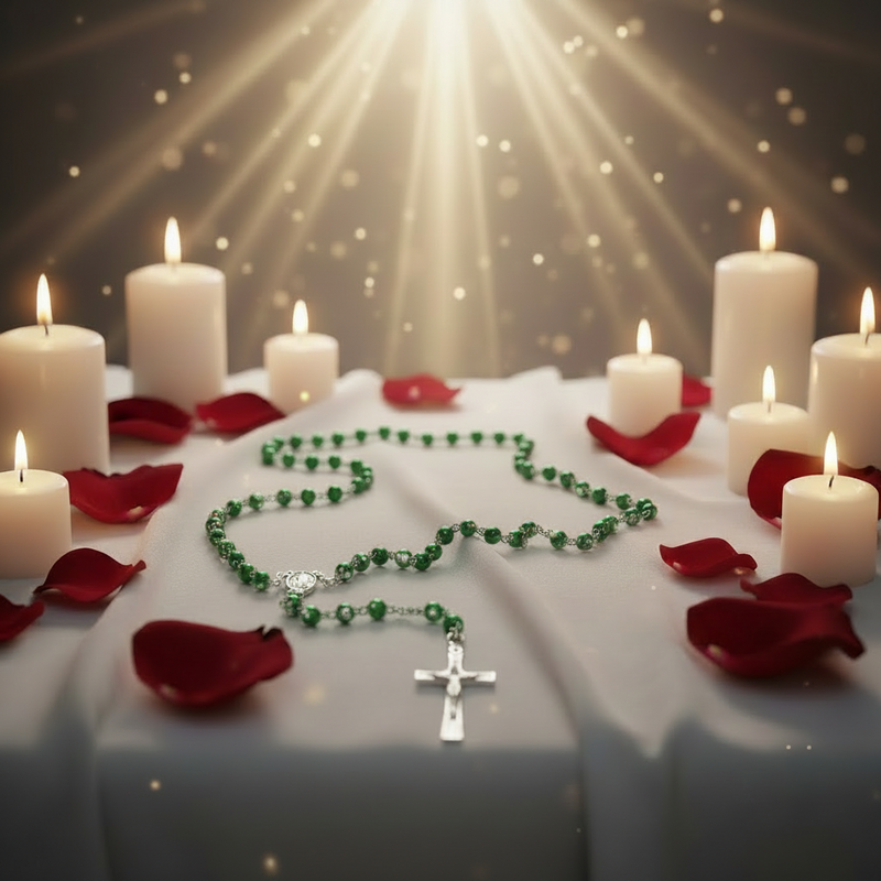 Green rosary with a silver cross on a table with candles and red rose petals, illuminated by a warm light.