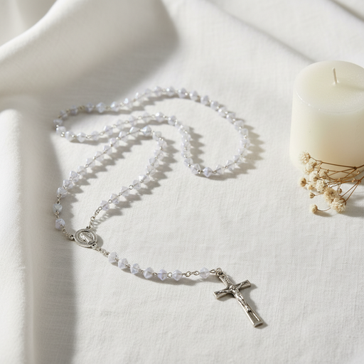 Rosary with a cross pendant on a white surface with a candle and flowers.