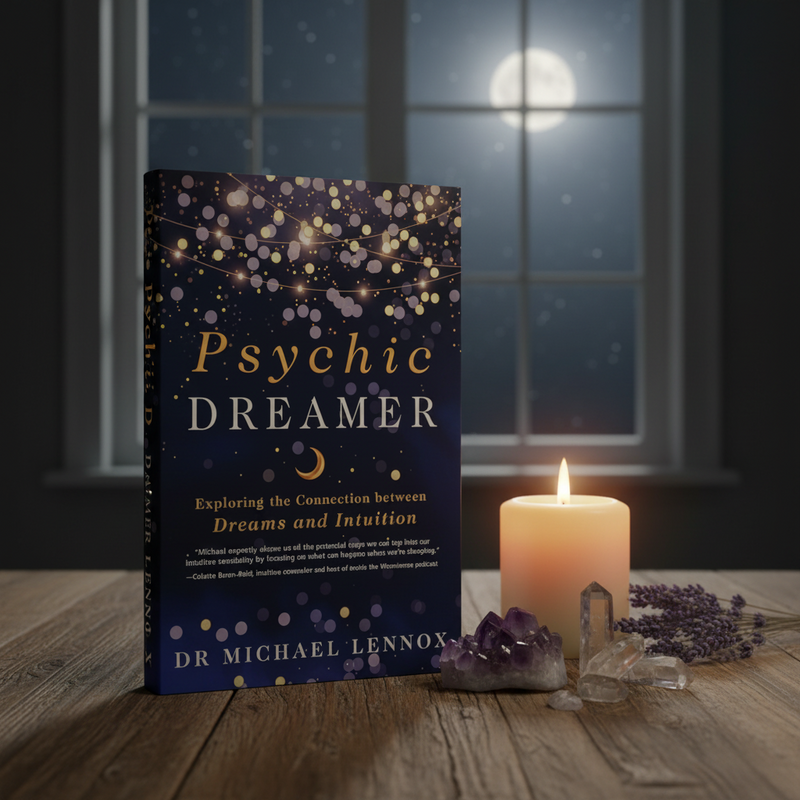 Book titled 'Psychic Dreamer' by Dr. Michael Lennox on a wooden table with a candle and crystals.