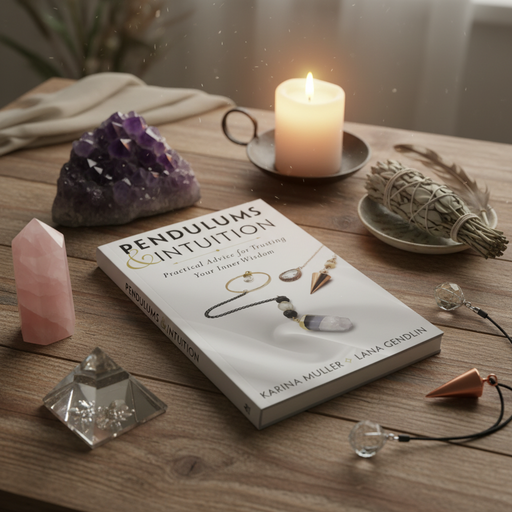 Book titled 'Pendulums & Intuition' on a wooden table with crystals and a candle.