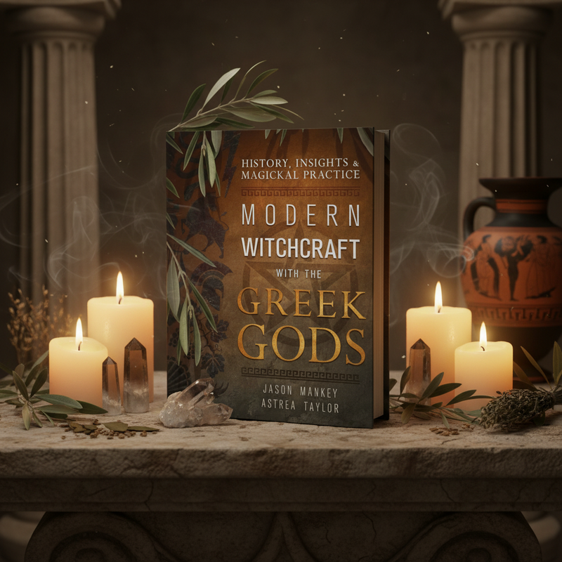 Book titled 'Modern Witchcraft with the Greek Gods' on a table with candles and decorative items.