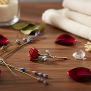 A red rose pocket token with a textured silver stem lies on a wooden tabletop, surrounded by scattered rose petals, lavender sprigs, a faceted crystal, and folded white towels in the background.