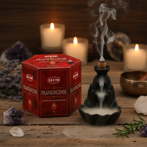 Hem Frankincense incense cones with a smoking incense burner on a wooden surface.