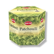 Hexagonal box of HEM Patchouli backflow incense cones on a white background