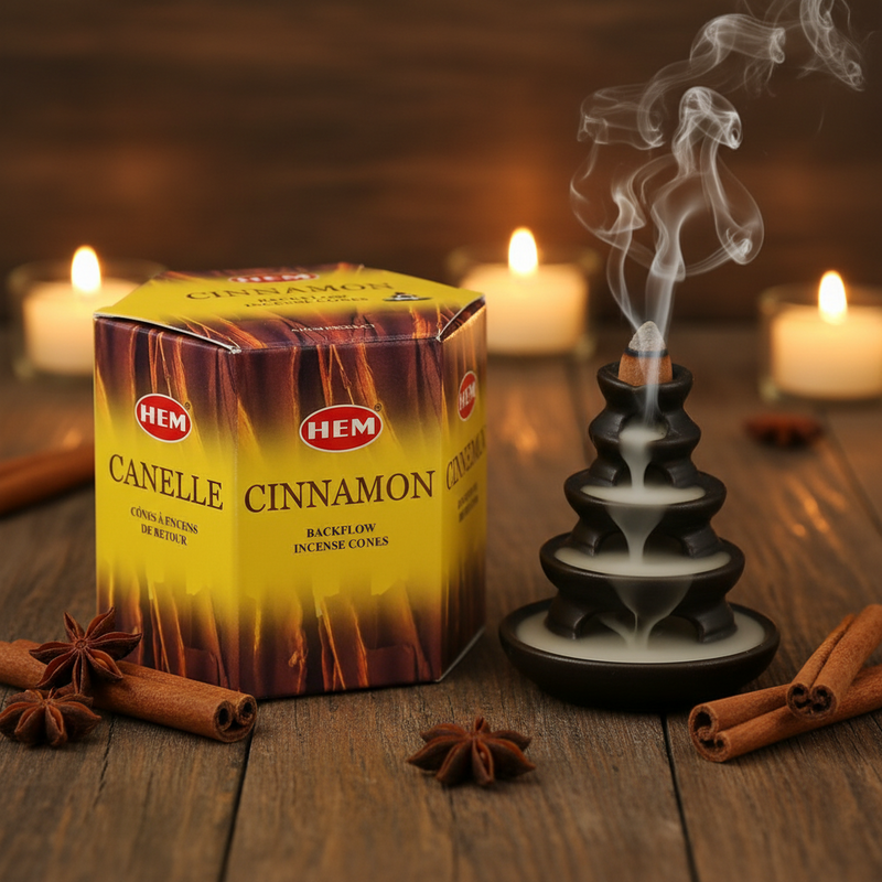 Box of HEM Canelle Cinnamon incense cones with an incense burner and cinnamon sticks on a wooden surface.