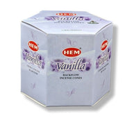 Box of HEM Vanilla backflow incense cones on a white background