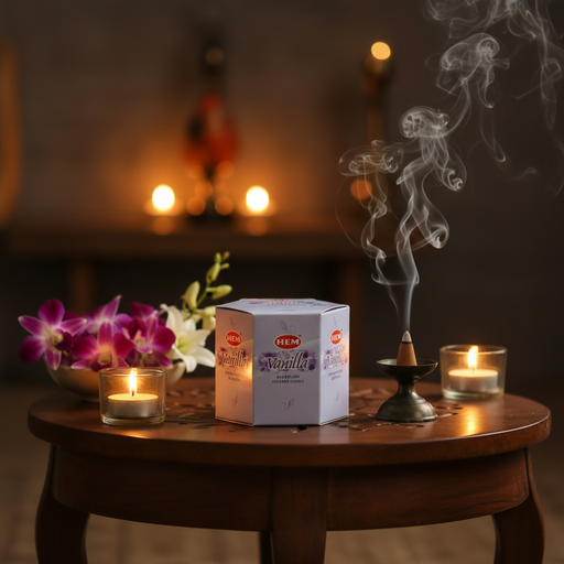 Hem incense stick box with smoking cone and candles on a wooden table