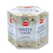 Box of HEM White Sage incense cones on a white background