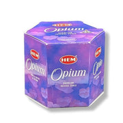 A box of Hem Opium backflow incense cones with a purple design and floral patterns.