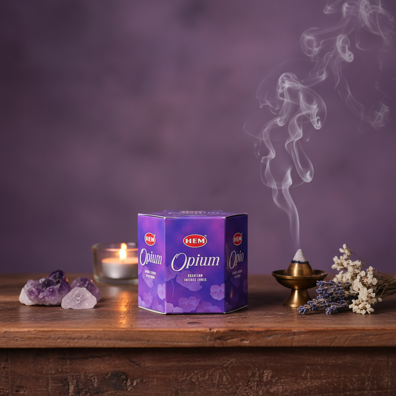 HEM Optium incense box with smoking incense stick on a wooden surface with purple background