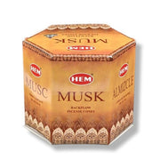 Box of HEM Musk backflow incense cones on a white background