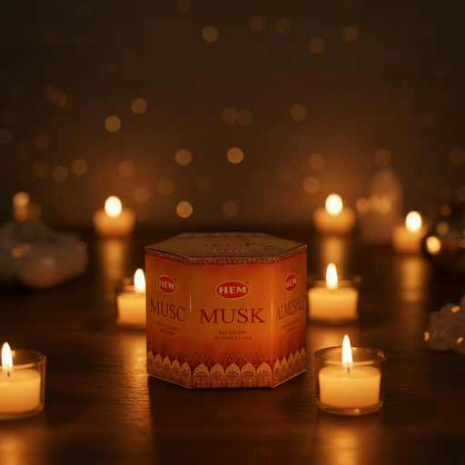 Box of HEM Musk with lit candles on a dark background