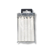 Pack of white candles in clear packaging on a white background