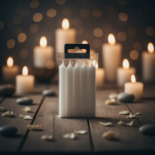 Pack of white candles with lit candles and stones on a wooden surface