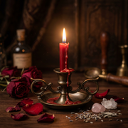 A lit red pillar candle in an ornate bronze candelabra, surrounded by red rose petals, dried lavender, crystals, and a dark, moody background with a bottle and wooden decor.