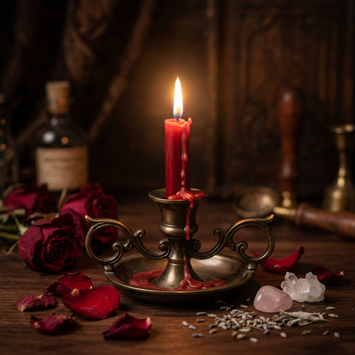 A lit red pillar candle in an ornate bronze candelabra, surrounded by red rose petals, dried lavender, crystals, and a dark, moody background with a bottle and wooden decor.