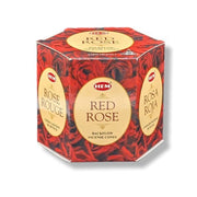 Hexagonal box of HEM Red Rose incense cones on a white background
