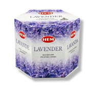 Hexagonal box of HEM Lavender backflow incense cones on a white background