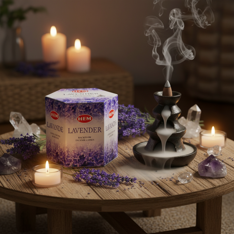 HEM Lavender incense box with incense cone burner, candles, and lavender flowers on a wooden table.