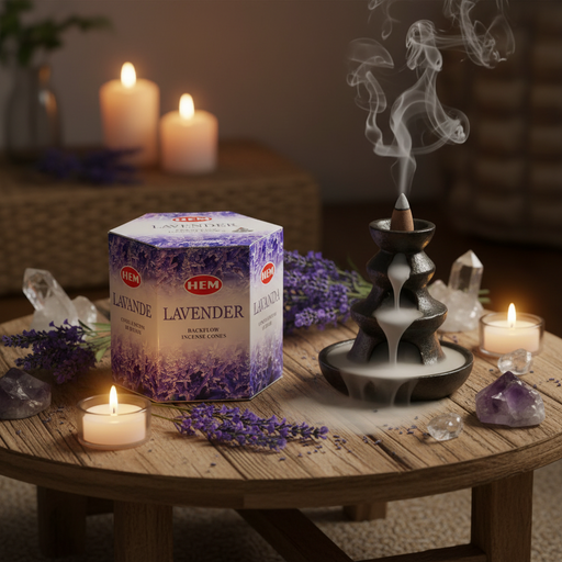 HEM Lavender incense box with incense cone burner, candles, and lavender flowers on a wooden table.