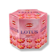 Hexagonal pink box of HEM Lotus incense cones on a white background