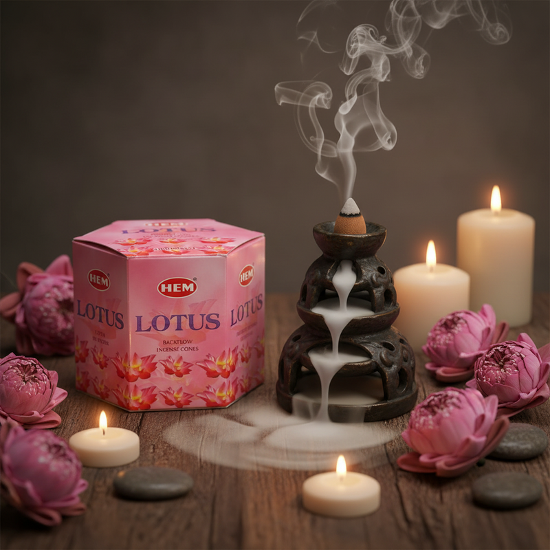 Hem Lotus incense packaging with incense burner, candles, and pink flowers on a wooden surface.