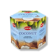 Hexagonal box of HEM Coconut incense cones on a white background
