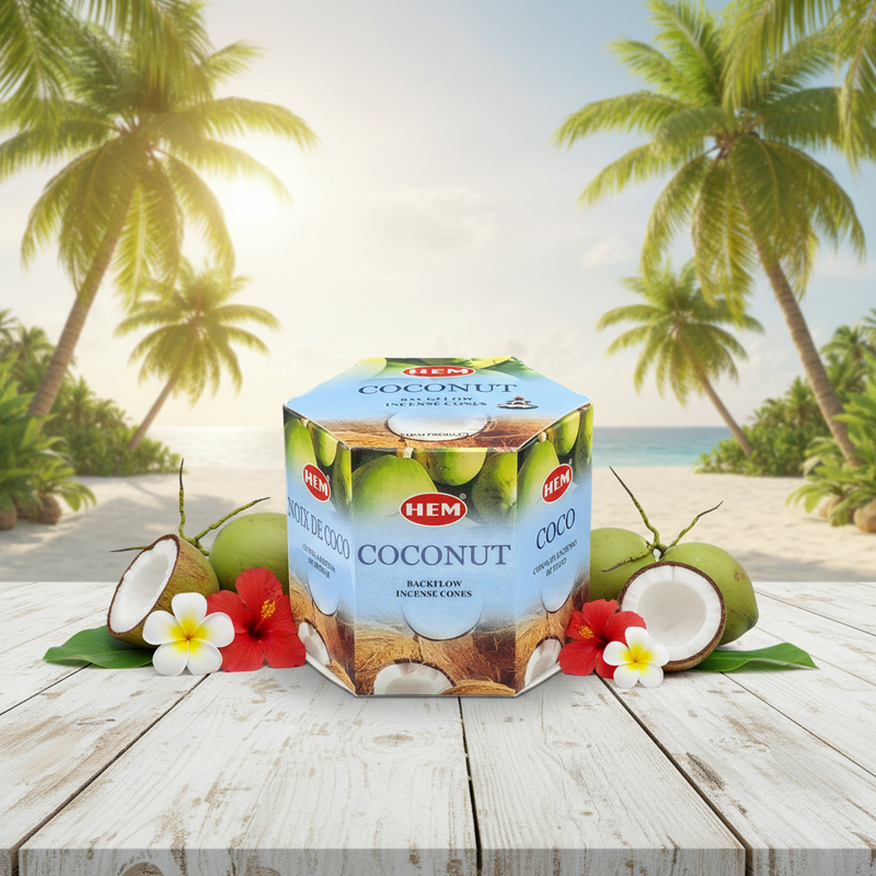 Box of HEM Coconut Incense Cones on a wooden surface with coconuts and flowers, palm trees in the background.
