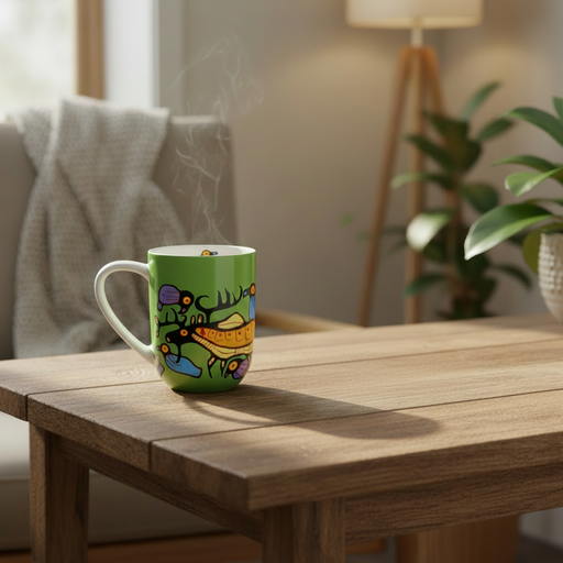 A green ceramic mug with a colorful  design sits on a wooden table in a cozy living room setting with a sofa, lamp, and plant in the background.