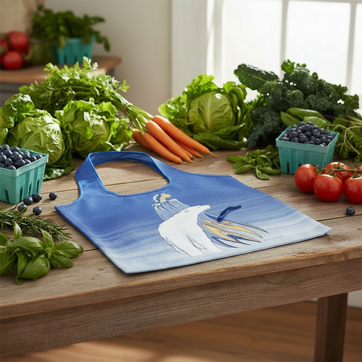 A reusable blue shopping bag  rests on a wooden table surrounded by fresh produce, including lettuce, carrots, broccoli, tomatoes, and blueberries.