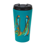 Turquoise travel mug with artistic design on a white background