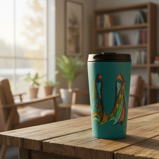 A teal travel tumbler with a black lid sits on a wooden table in a softly blurred living room setting. The tumbler features a colorful graphic of two stylized female figures in flowing teal and orange garments.