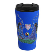 Blue travel mug with artistic design and black lid on a white background
