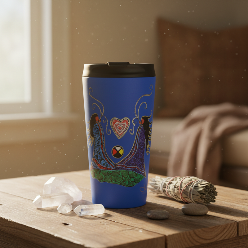 A blue travel tumbler with a black lid sits on a wooden table in a softly lit room. The tumbler is decorated with a colorful illustration featuring two stylized female figures, a heart, and abstract shapes in green, purple, red, and gold.