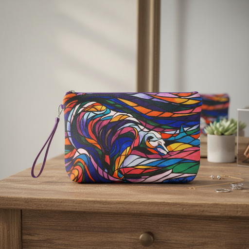A colorful zippered pouch with a wrist strap, featuring  "Salmon Hunter" , displayed on a wooden table.