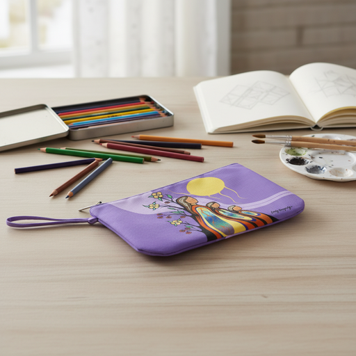Emily Kewageshig Gifts from Creator Recycled Eco Zip Pouch, placed on a light wood desk surrounded by art supplies including colored pencils, a paint palette, and an open sketchbook.
