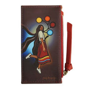 Wallet with artistic design of a woman and colorful circles on a brown background