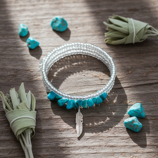 Bracelet with turquoise stones and feather charm on a wooden surface with turquois stones and sage.