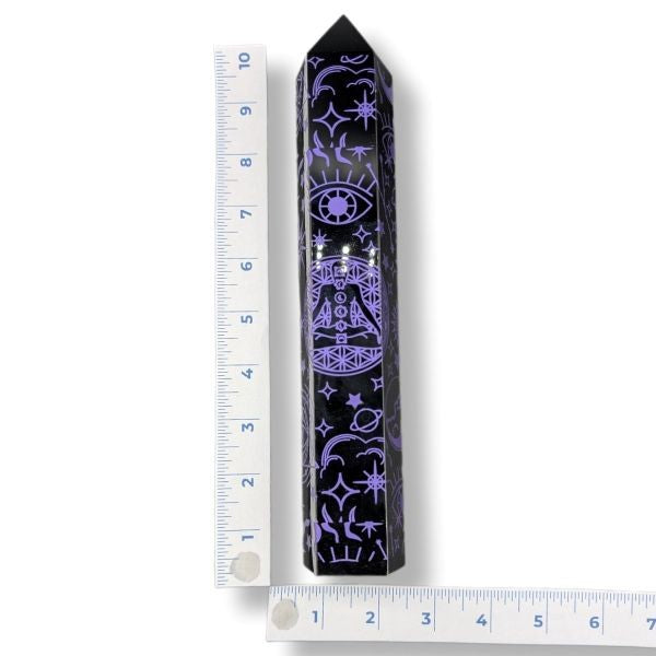 Black Obsidian Point with Purple Flower of Life