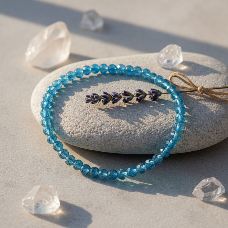 Blue beaded bracelet with a lavender sprig on a stone surrounded by clear crystals.