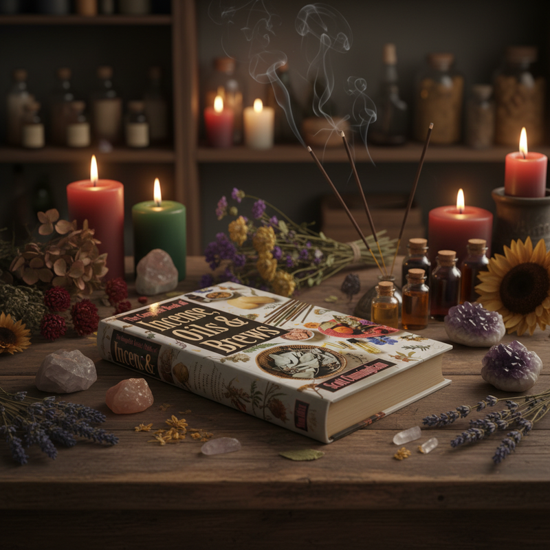 Witchcraft setup with books, candles, and herbs on a wooden table