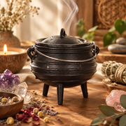 A black cast-iron tri-fold cauldron incense burner with a lid and metal handle, shown with smoke rising from the top on a wooden table surrounded by incense, crystals, and dried flowers.