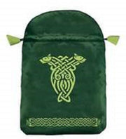Green pouch with Celtic knot design on a white background