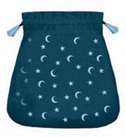 Blue drawstring bag with star and moon pattern on a white background